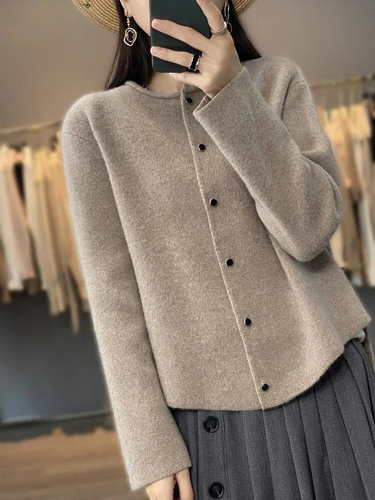 Women's Cashmere Wool Sweater Curled Round Neck Cardigan-Maas