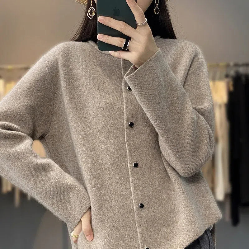 Women's Cashmere Wool Sweater Curled Round Neck Cardigan-Maas