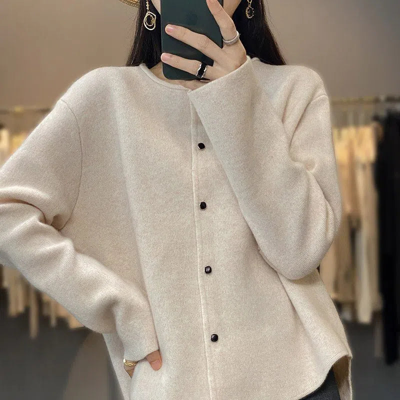 Women's Cashmere Wool Sweater Curled Round Neck Cardigan-Maas