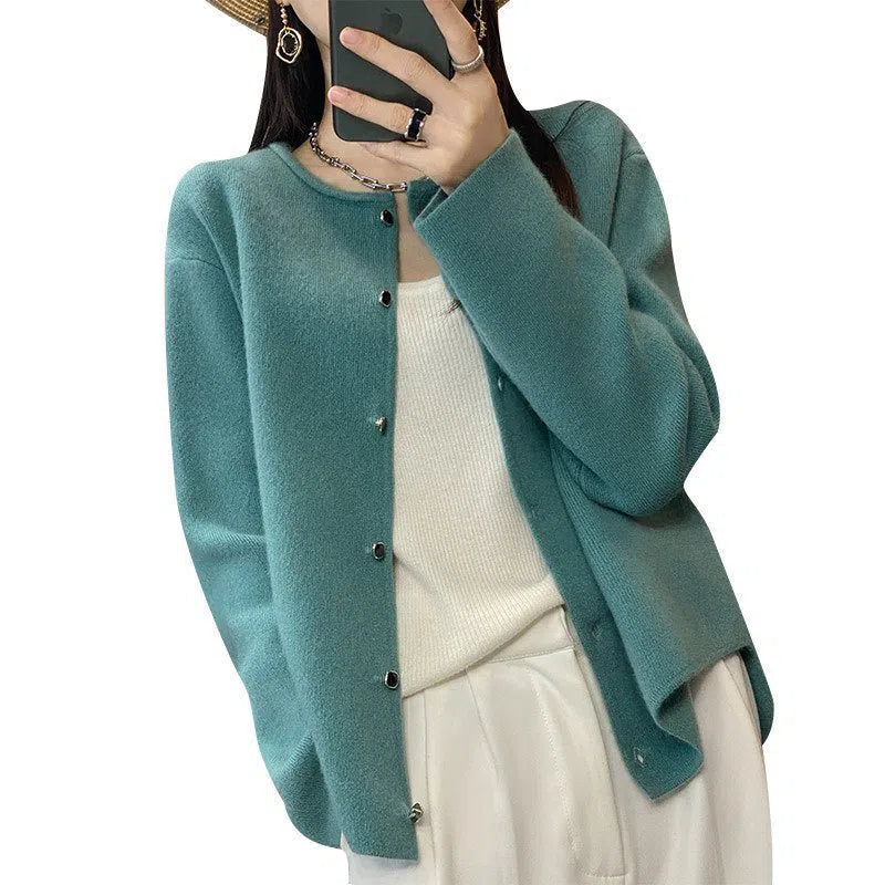 Women's Cashmere Wool Sweater Curled Round Neck Cardigan-Maas