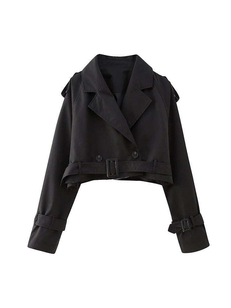 Women's Cropped Trench Jacket Vintage Notched Neck Chic Lady Coat-Maas