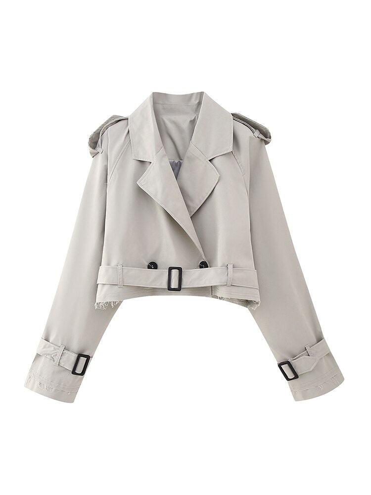 Women's Cropped Trench Jacket Vintage Notched Neck Chic Lady Coat-Maas