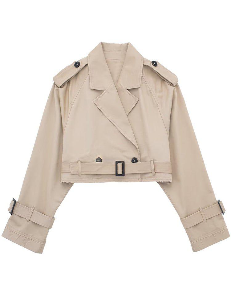 Women's Cropped Trench Jacket Vintage Notched Neck Chic Lady Coat-Maas