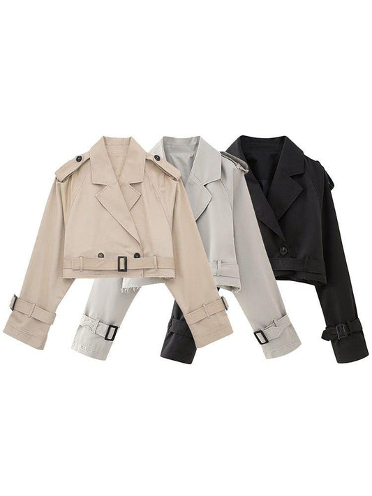 Women's Cropped Trench Jacket Vintage Notched Neck Chic Lady Coat-Maas