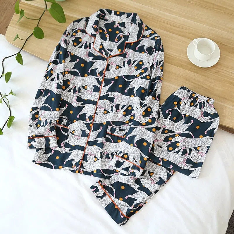 Women's Cute Cartoon Floral Pajamas Two-piece Long Sleeves-Maas