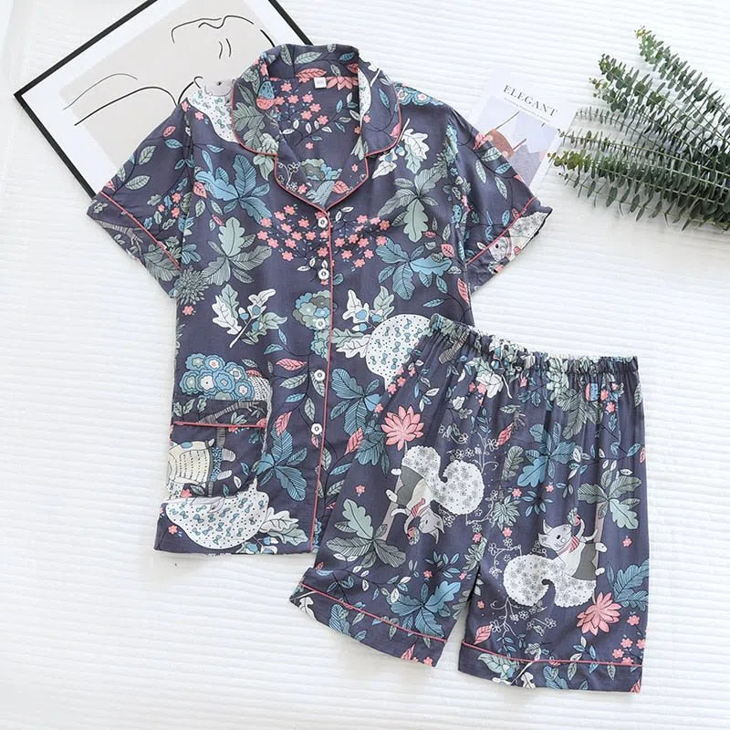 Women's Cute Cartoon Floral Pajamas Two-piece Long Sleeves-Maas