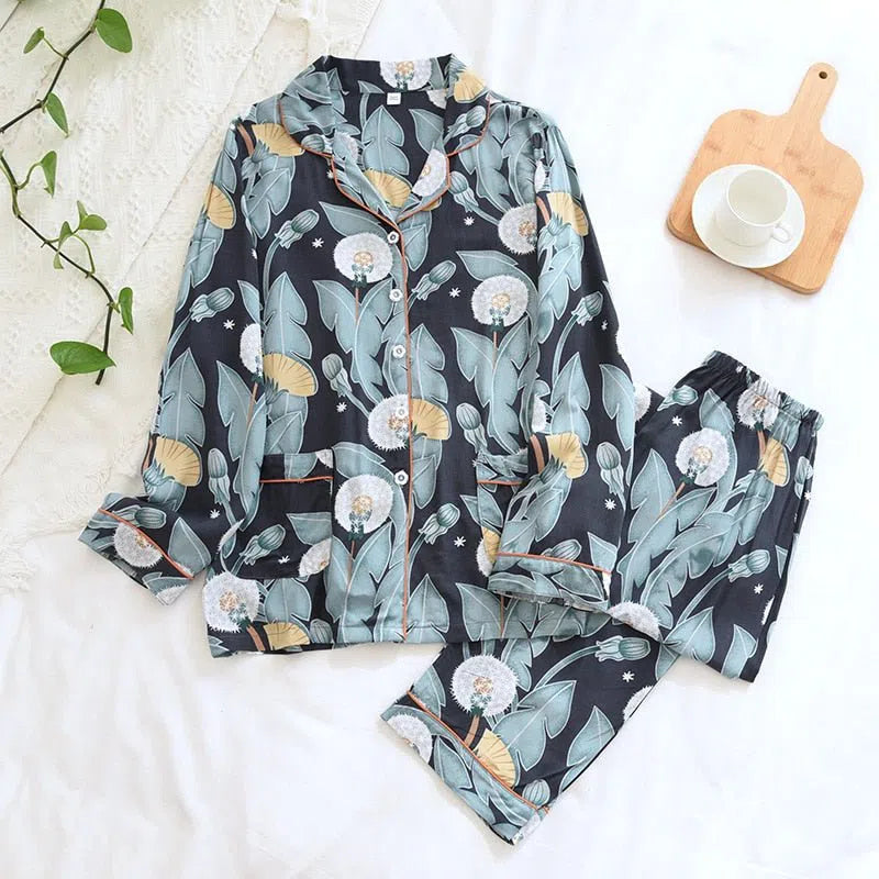 Women's Cute Cartoon Floral Pajamas Two-piece Long Sleeves-Maas