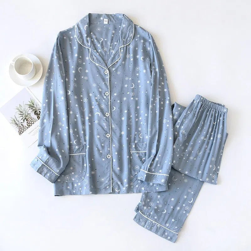 Women's Cute Cartoon Floral Pajamas Two-piece Long Sleeves-Maas