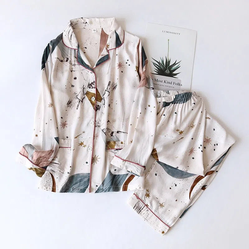 Women's Cute Cartoon Floral Pajamas Two-piece Long Sleeves-Maas