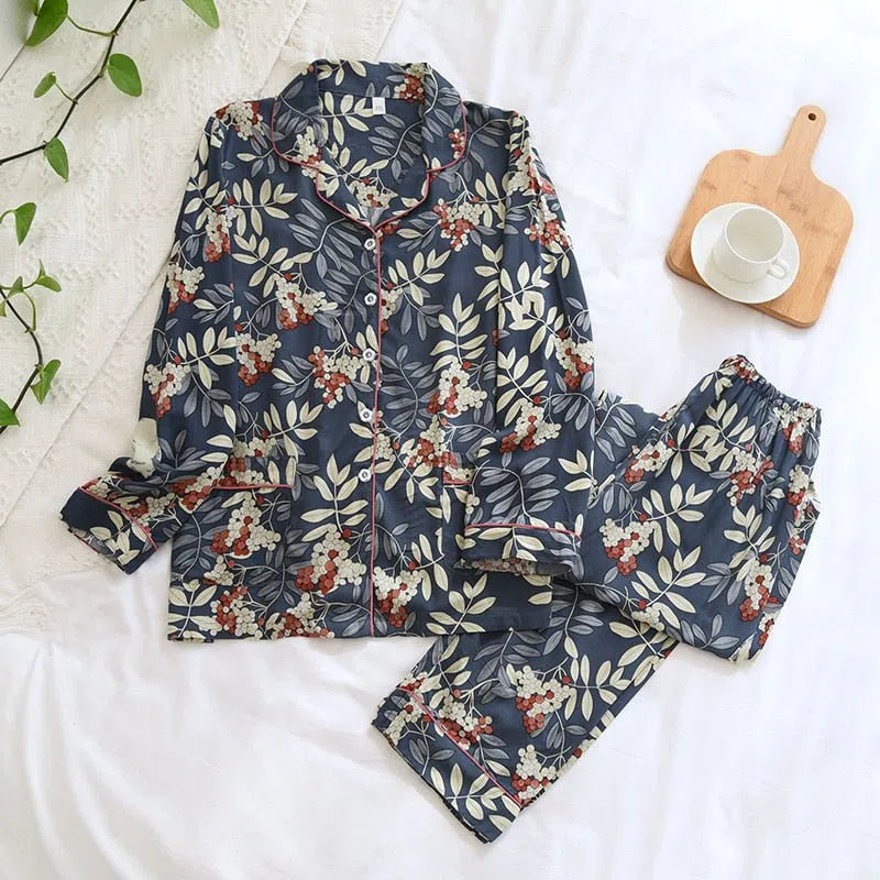 Women's Cute Cartoon Floral Pajamas Two-piece Long Sleeves-Maas