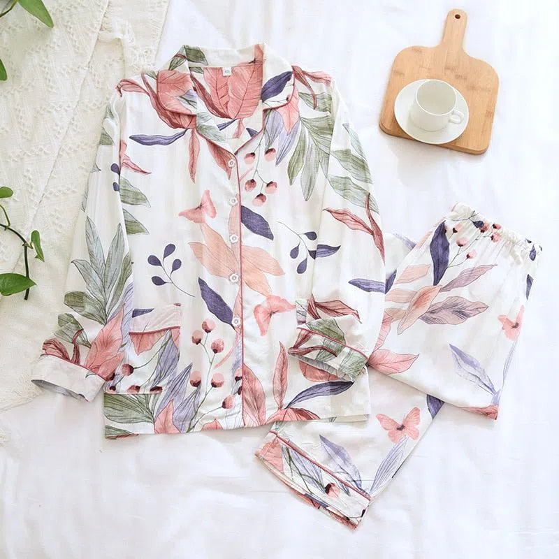 Women's Cute Cartoon Floral Pajamas Two-piece Long Sleeves-Maas