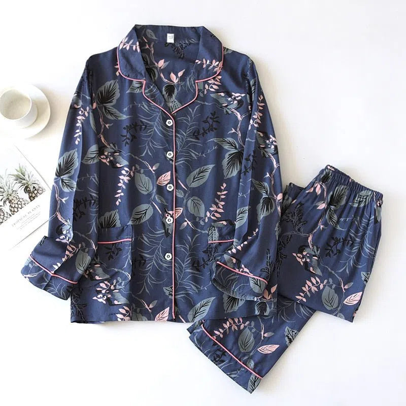 Women's Cute Cartoon Floral Pajamas Two-piece Long Sleeves-Maas