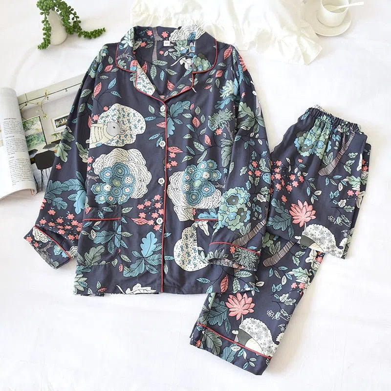 Women's Cute Cartoon Floral Pajamas Two-piece Long Sleeves-Maas