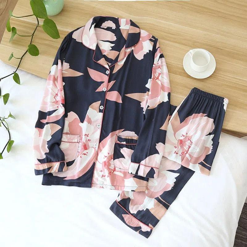 Women's Cute Cartoon Floral Pajamas Two-piece Long Sleeves-Maas