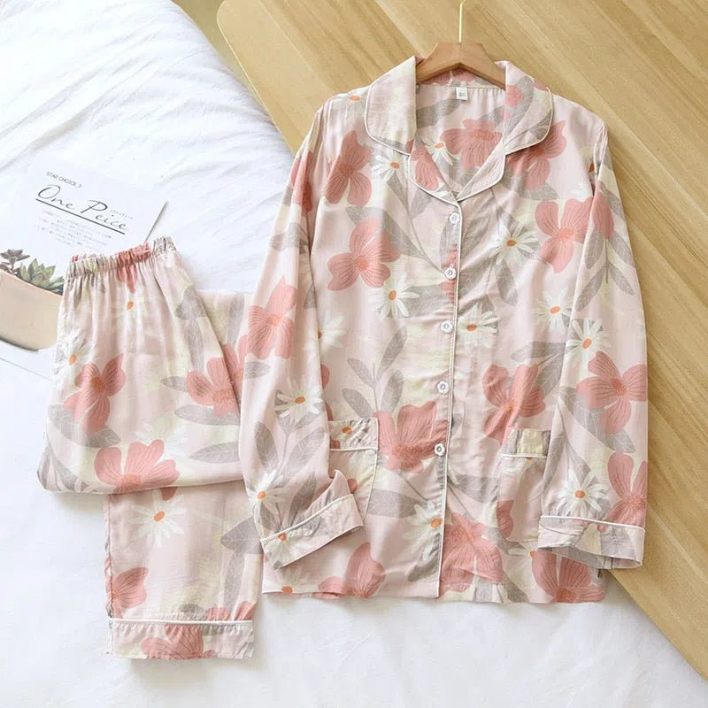 Women's Cute Cartoon Floral Pajamas Two-piece Long Sleeves-Maas