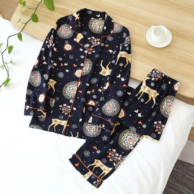 Women's Cute Cartoon Floral Pajamas Two-piece Long Sleeves-Maas