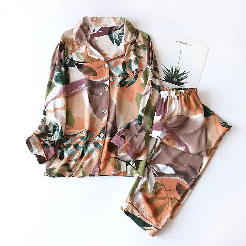 Women's Cute Cartoon Floral Pajamas Two-piece Long Sleeves-Maas