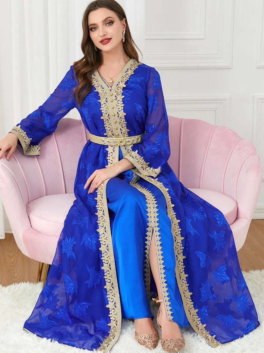 Women's Dress Muslim's Sets Lace Insert Moroccan Abaya Party Dress Arabic-Maas