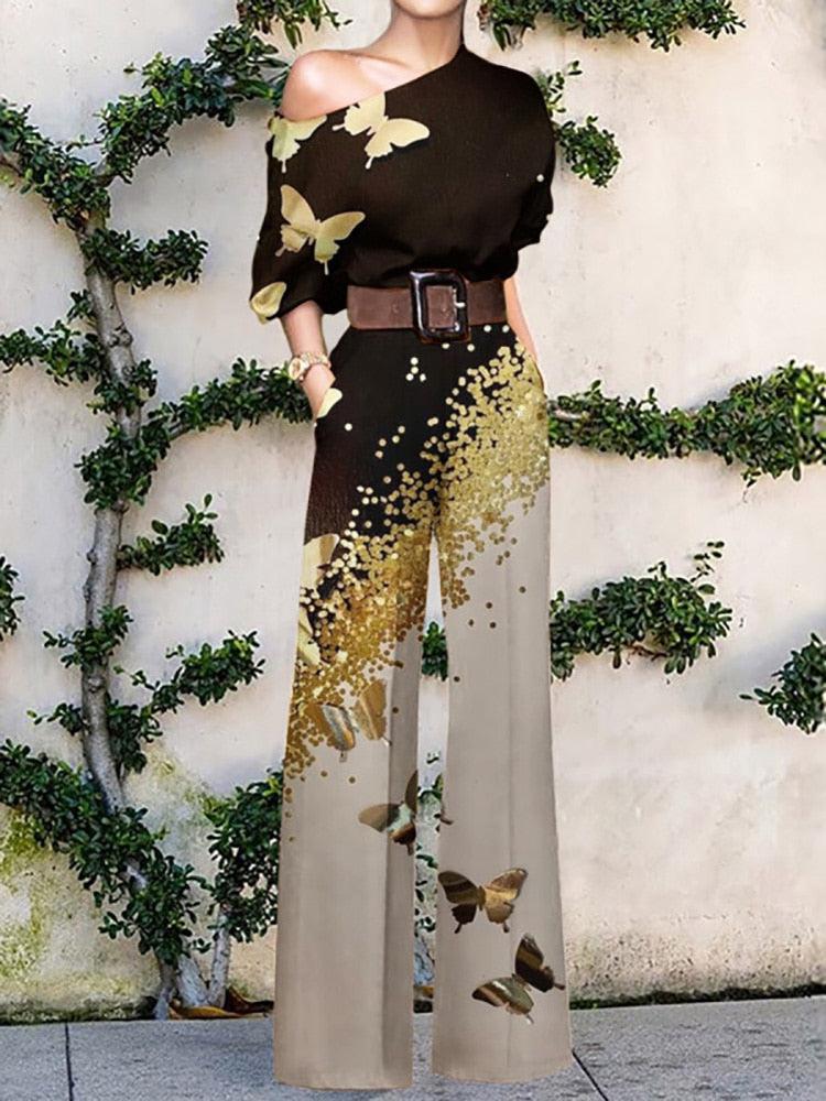 Women's Elegant Loose Wide Leg Pants Bodysuits Floral Printing Jumpsuits-Maas