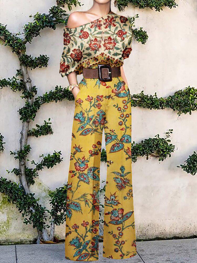 Women's Elegant Loose Wide Leg Pants Bodysuits Floral Printing Jumpsuits-Maas