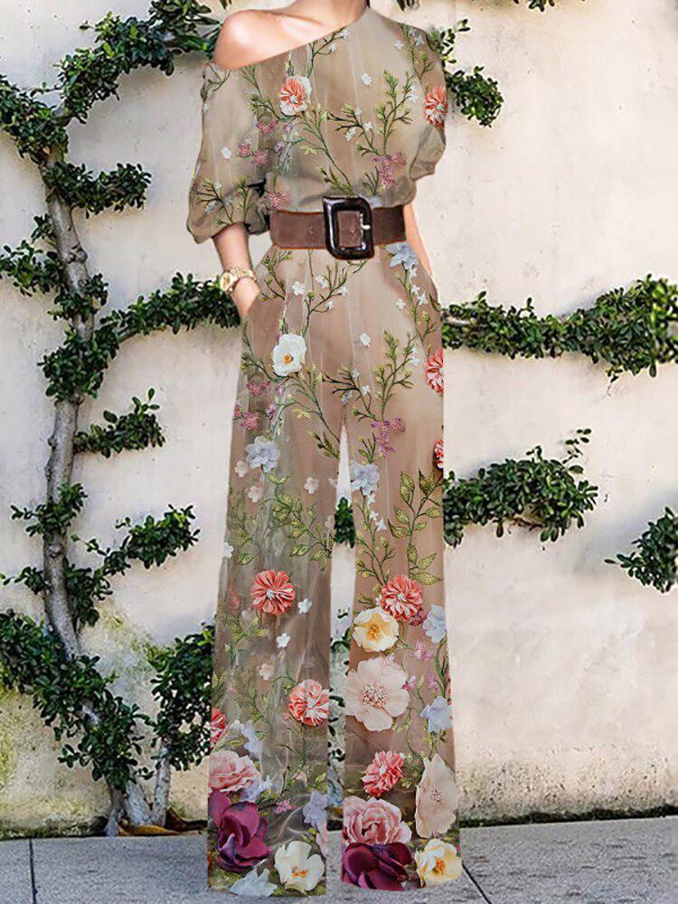 Women's Elegant Loose Wide Leg Pants Bodysuits Floral Printing Jumpsuits-Maas