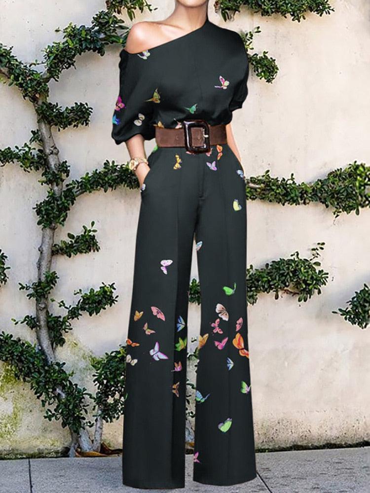 Women's Elegant Loose Wide Leg Pants Bodysuits Floral Printing Jumpsuits-Maas