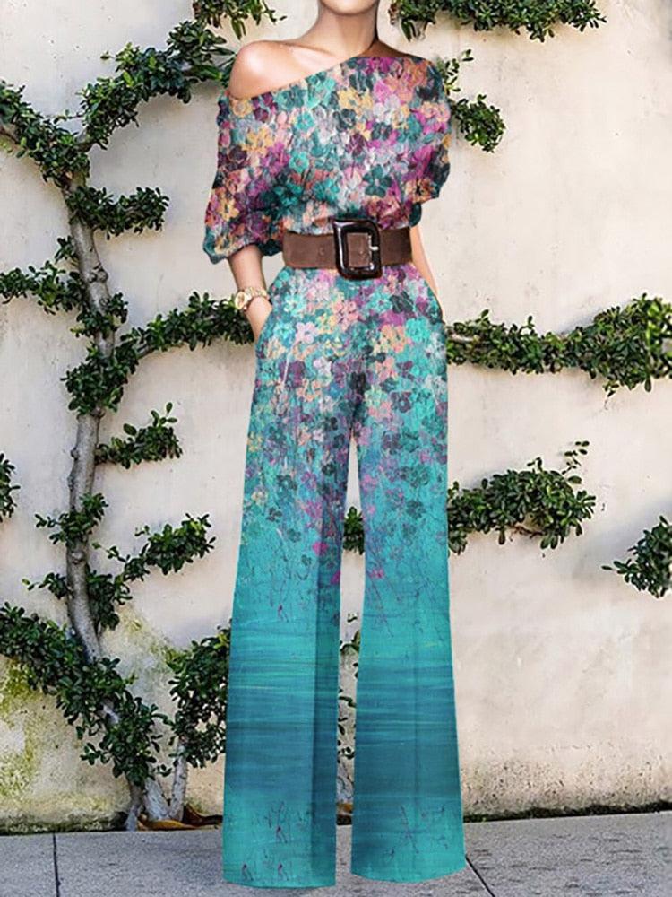 Women's Elegant Loose Wide Leg Pants Bodysuits Floral Printing Jumpsuits-Maas