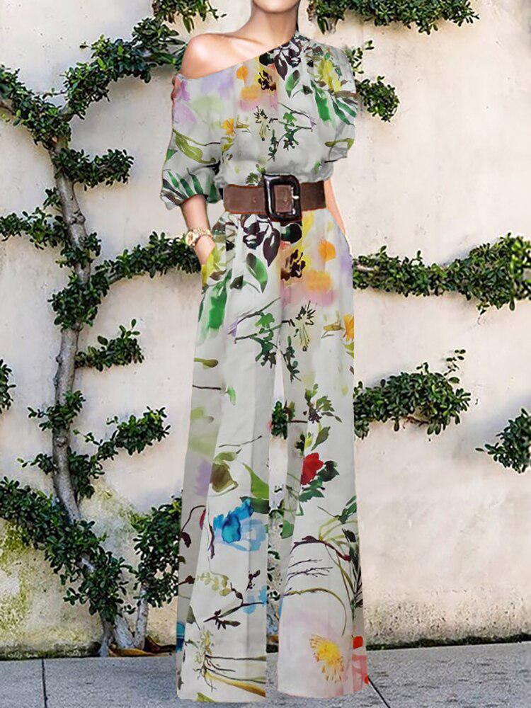 Women's Elegant Loose Wide Leg Pants Bodysuits Floral Printing Jumpsuits-Maas