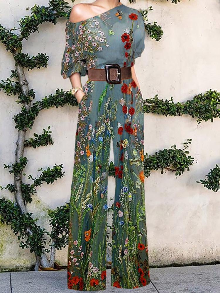 Women's Elegant Loose Wide Leg Pants Bodysuits Floral Printing Jumpsuits-Maas