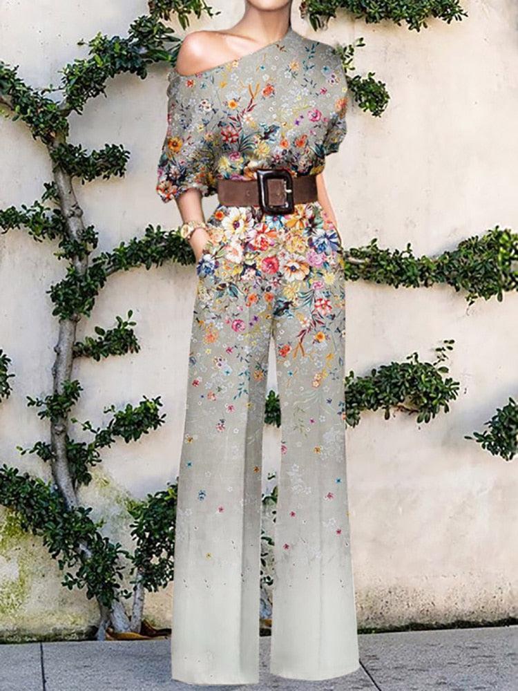 Women's Elegant Loose Wide Leg Pants Bodysuits Floral Printing Jumpsuits-Maas