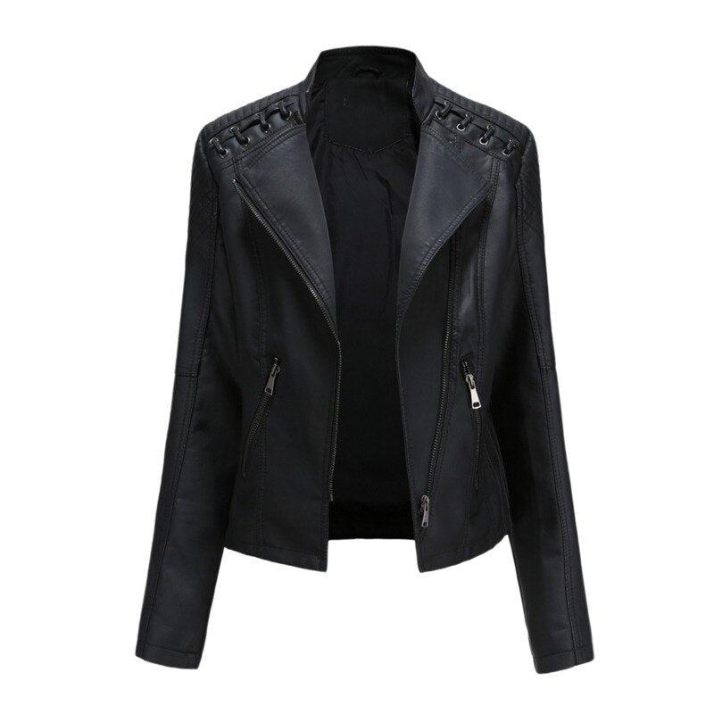 Women's Faux Leather Jacket Zipper Biker Coat Turndown Collar Jackets Loose-Maas