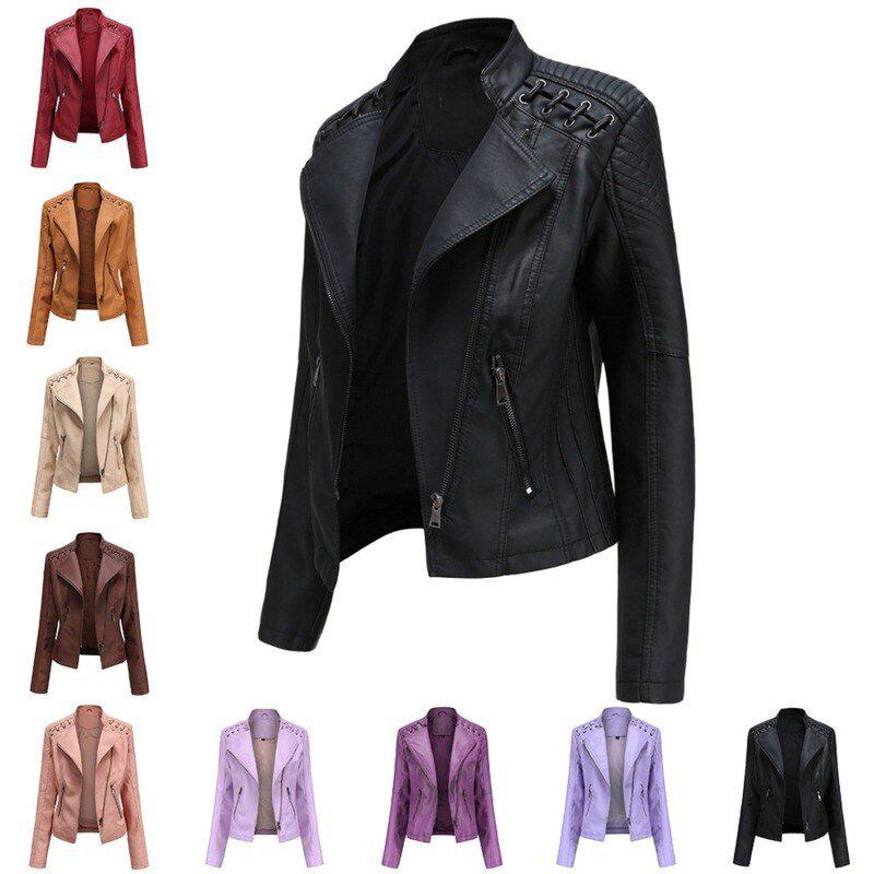 Women's Faux Leather Jacket Zipper Biker Coat Turndown Collar Jackets Loose-Maas