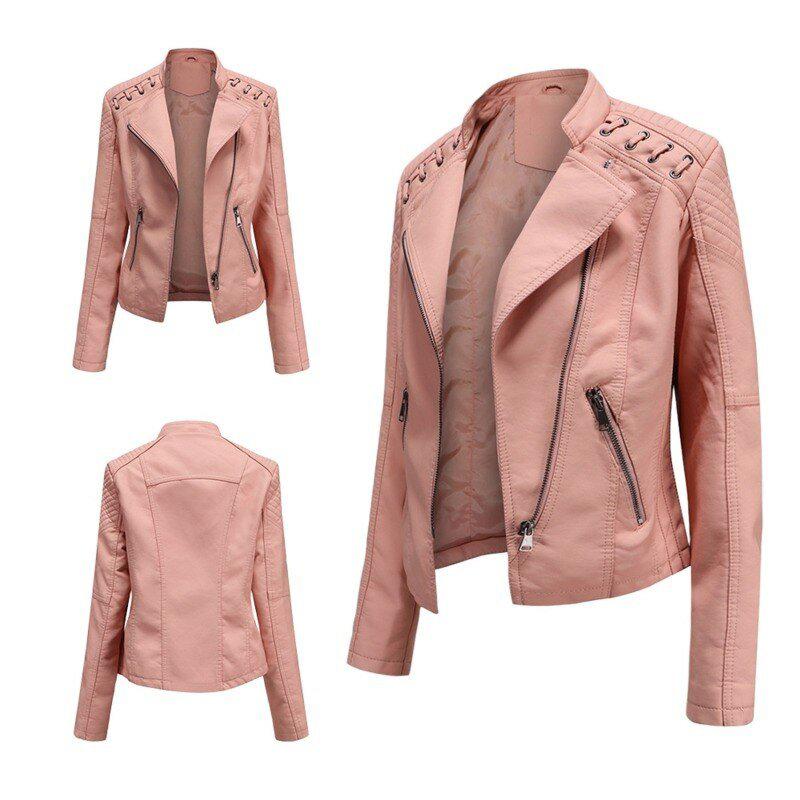 Women's Faux Leather Jacket Zipper Biker Coat Turndown Collar Jackets Loose-Maas