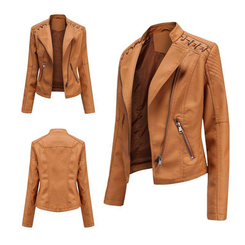 Women's Faux Leather Jacket Zipper Biker Coat Turndown Collar Jackets Loose-Maas