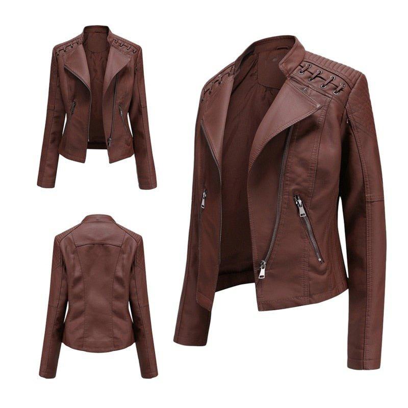 Women's Faux Leather Jacket Zipper Biker Coat Turndown Collar Jackets Loose-Maas