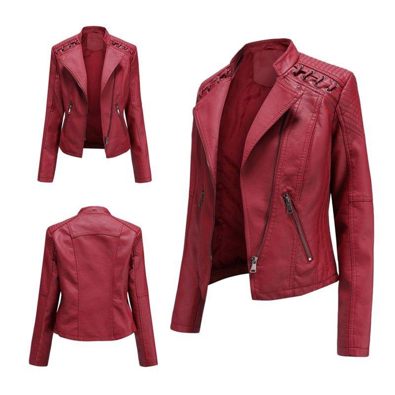 Women's Faux Leather Jacket Zipper Biker Coat Turndown Collar Jackets Loose-Maas