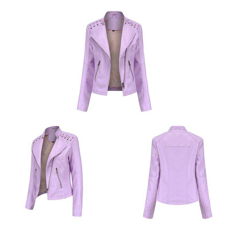 Women's Faux Leather Jacket Zipper Biker Coat Turndown Collar Jackets Loose-Maas