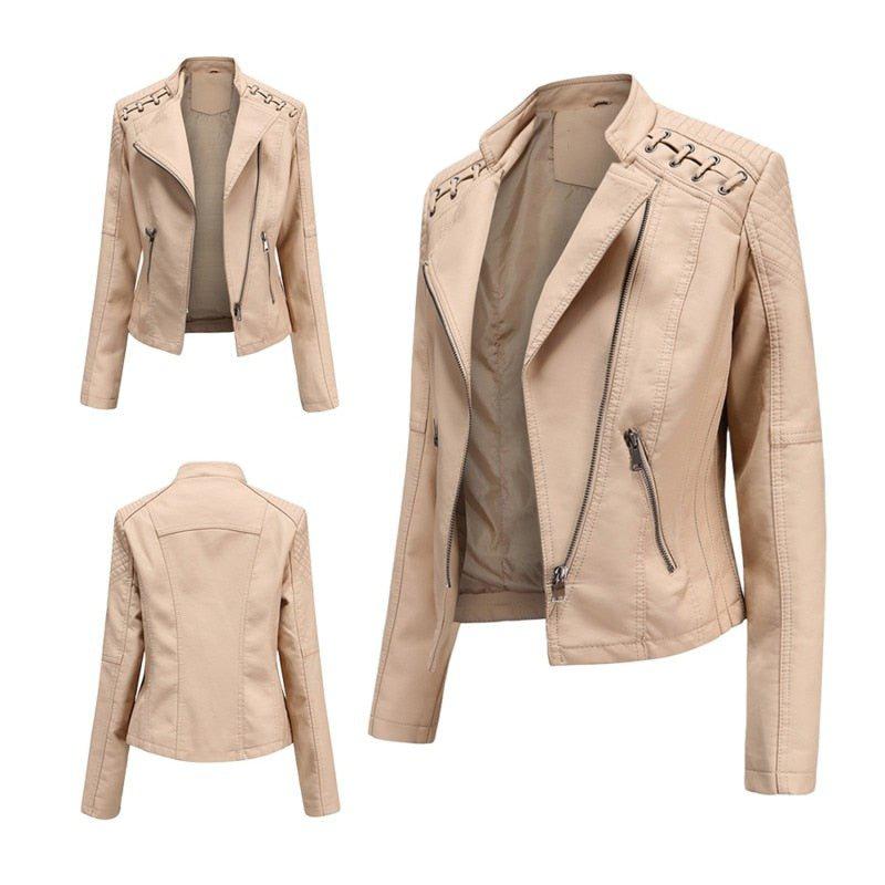 Women's Faux Leather Jacket Zipper Biker Coat Turndown Collar Jackets Loose-Maas