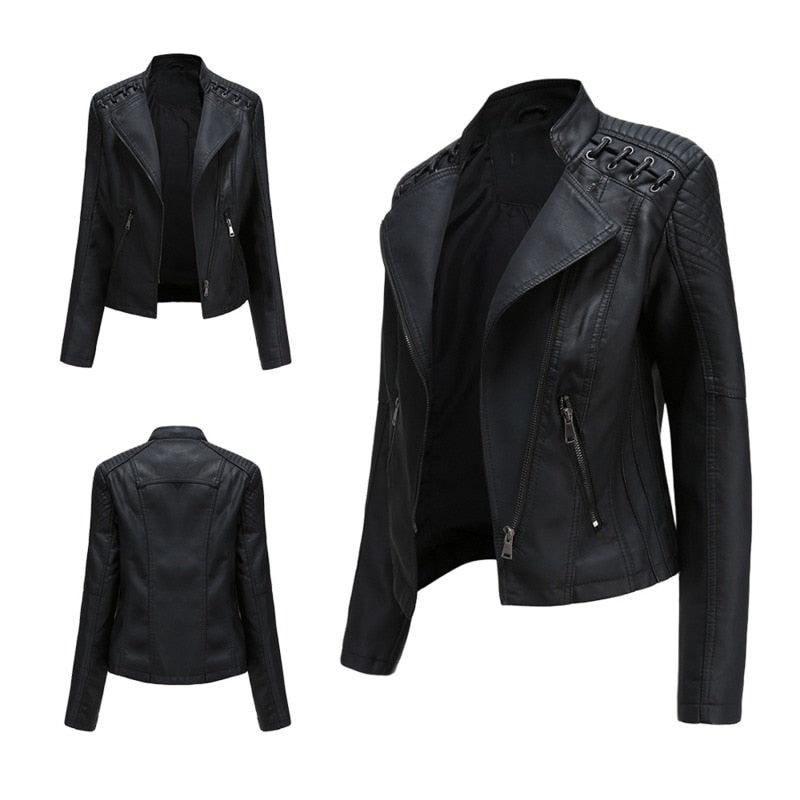 Women's Faux Leather Jacket Zipper Biker Coat Turndown Collar Jackets Loose-Maas