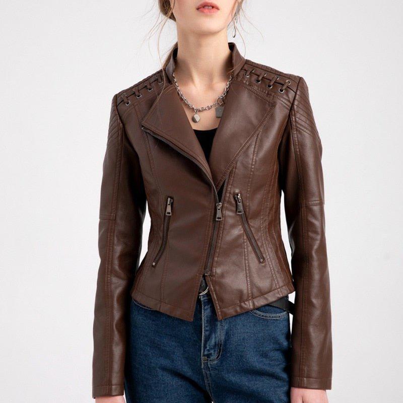 Women's Faux Leather Jacket Zipper Biker Coat Turndown Collar Jackets Loose-Maas