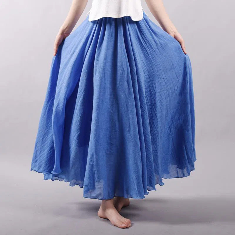 Women's High Waist Linen Maxi Skirt Casual Elastic Two Layers-Maas