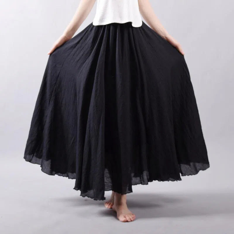 Women's High Waist Linen Maxi Skirt Casual Elastic Two Layers-Maas