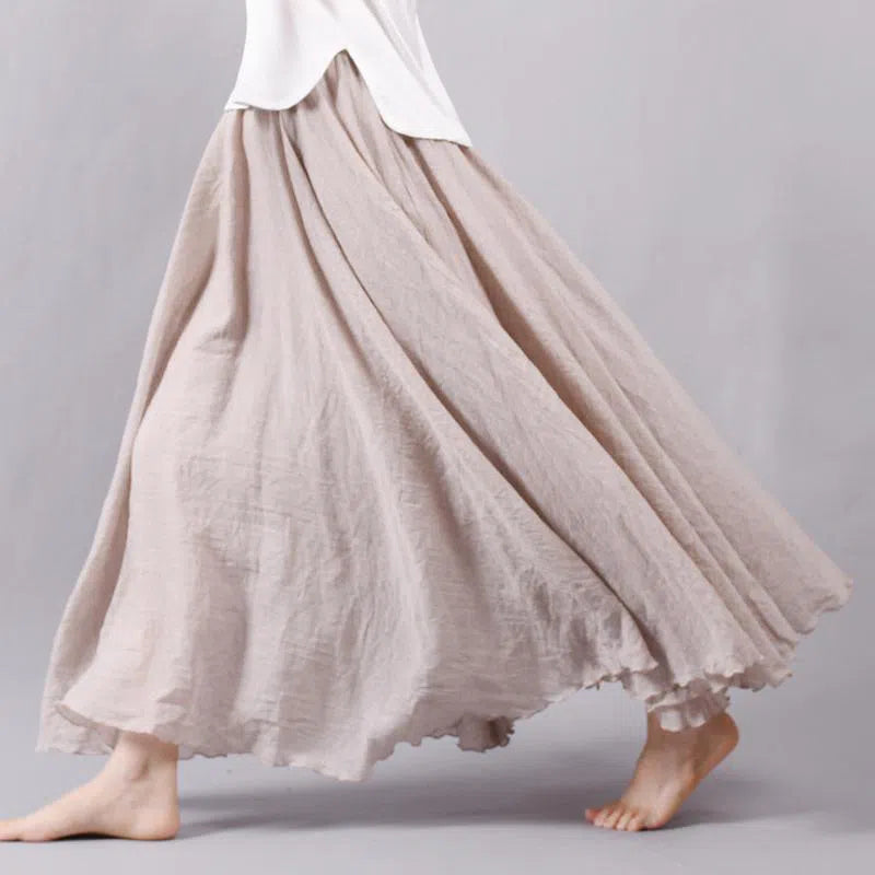 Women's High Waist Linen Maxi Skirt Casual Elastic Two Layers-Maas