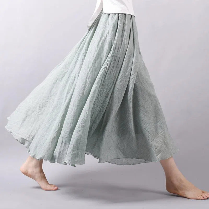 Women's High Waist Linen Maxi Skirt Casual Elastic Two Layers-Maas