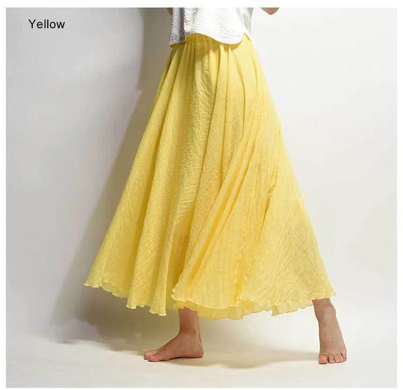 Women's High Waist Linen Maxi Skirt Casual Elastic Two Layers-Maas