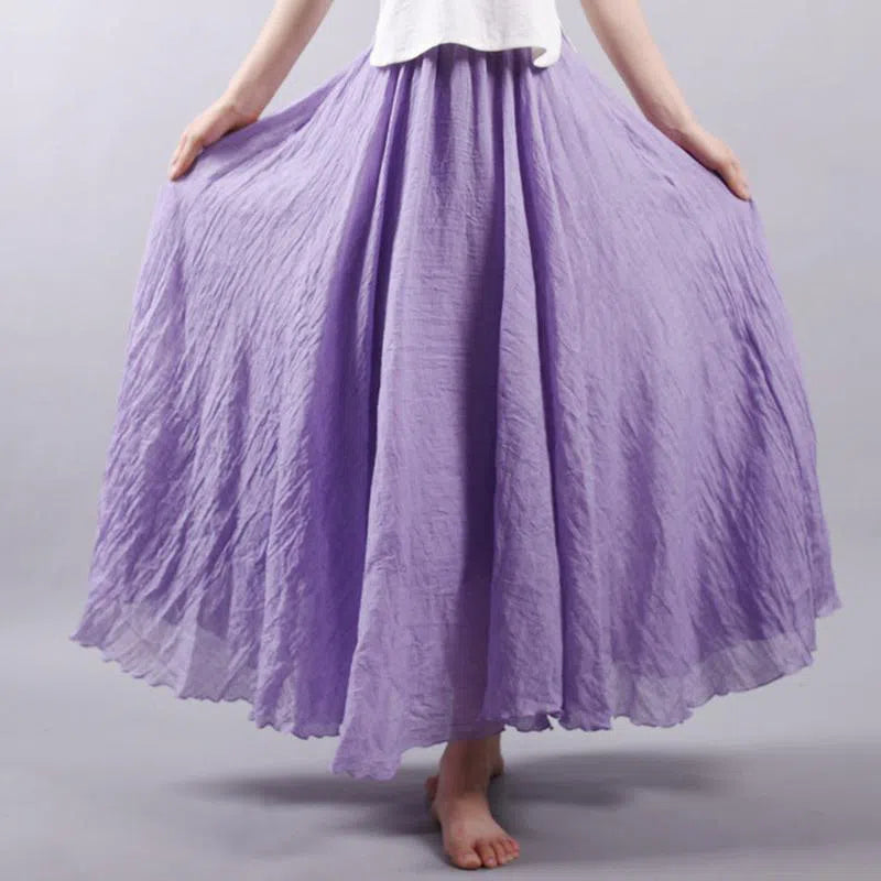 Women's High Waist Linen Maxi Skirt Casual Elastic Two Layers-Maas