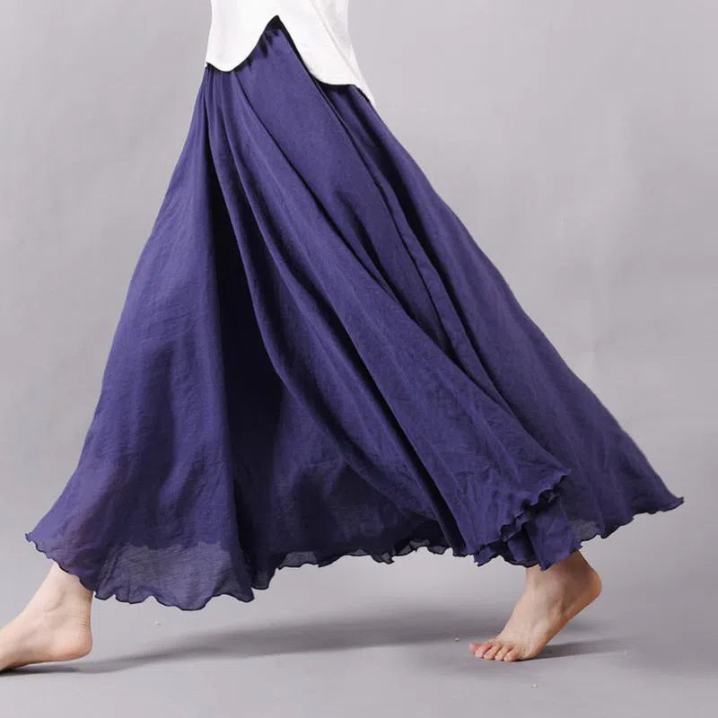 Women's High Waist Linen Maxi Skirt Casual Elastic Two Layers-Maas