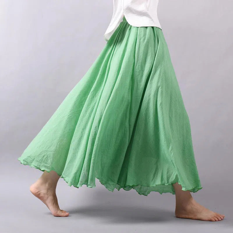 Women's High Waist Linen Maxi Skirt Casual Elastic Two Layers-Maas