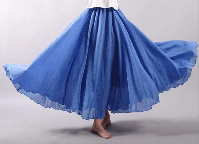 Women's High Waist Linen Maxi Skirt Casual Elastic Two Layers-Maas