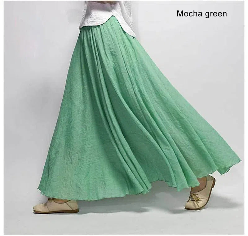 Women's High Waist Linen Maxi Skirt Casual Elastic Two Layers-Maas